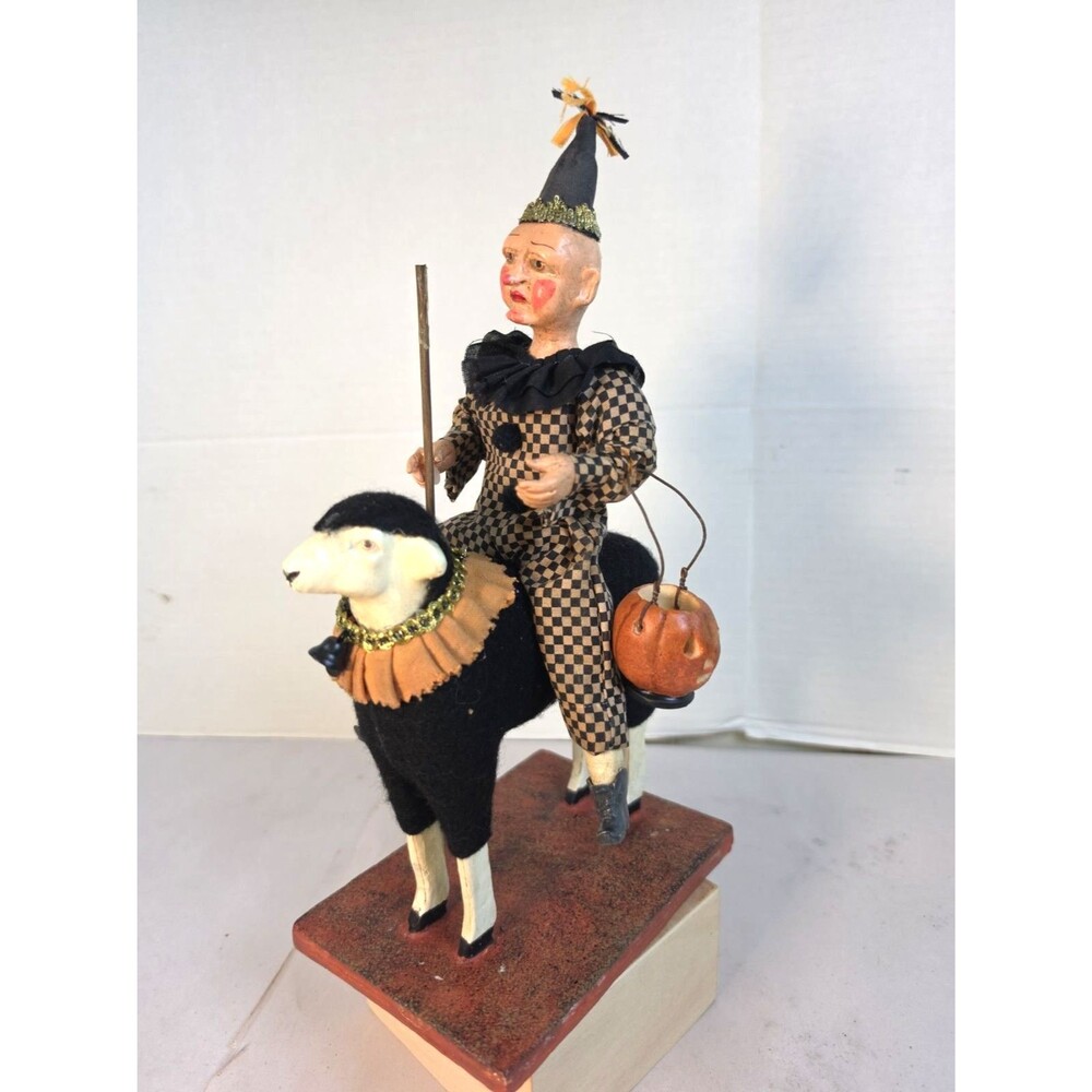 Rare Bethany Lowe Halloween Jester Clown on Sheep Jack o Lantern Read